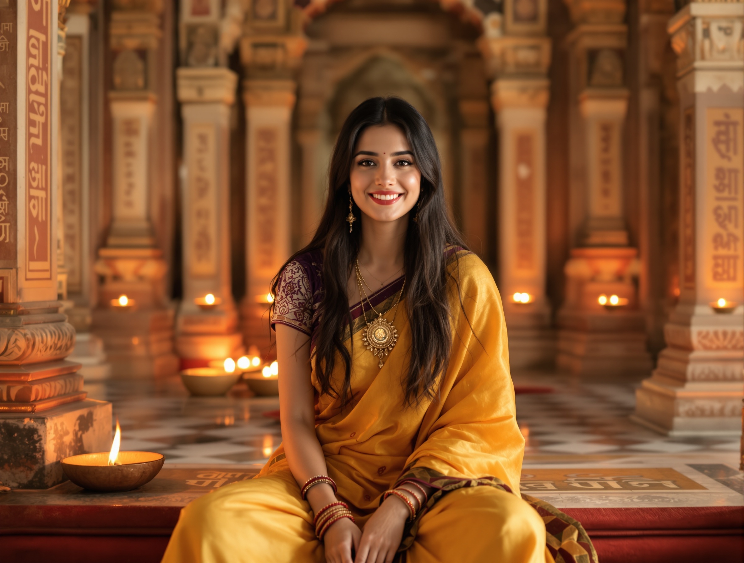 Young woman in traditional Indian temple setting with Sanskrit symbols
