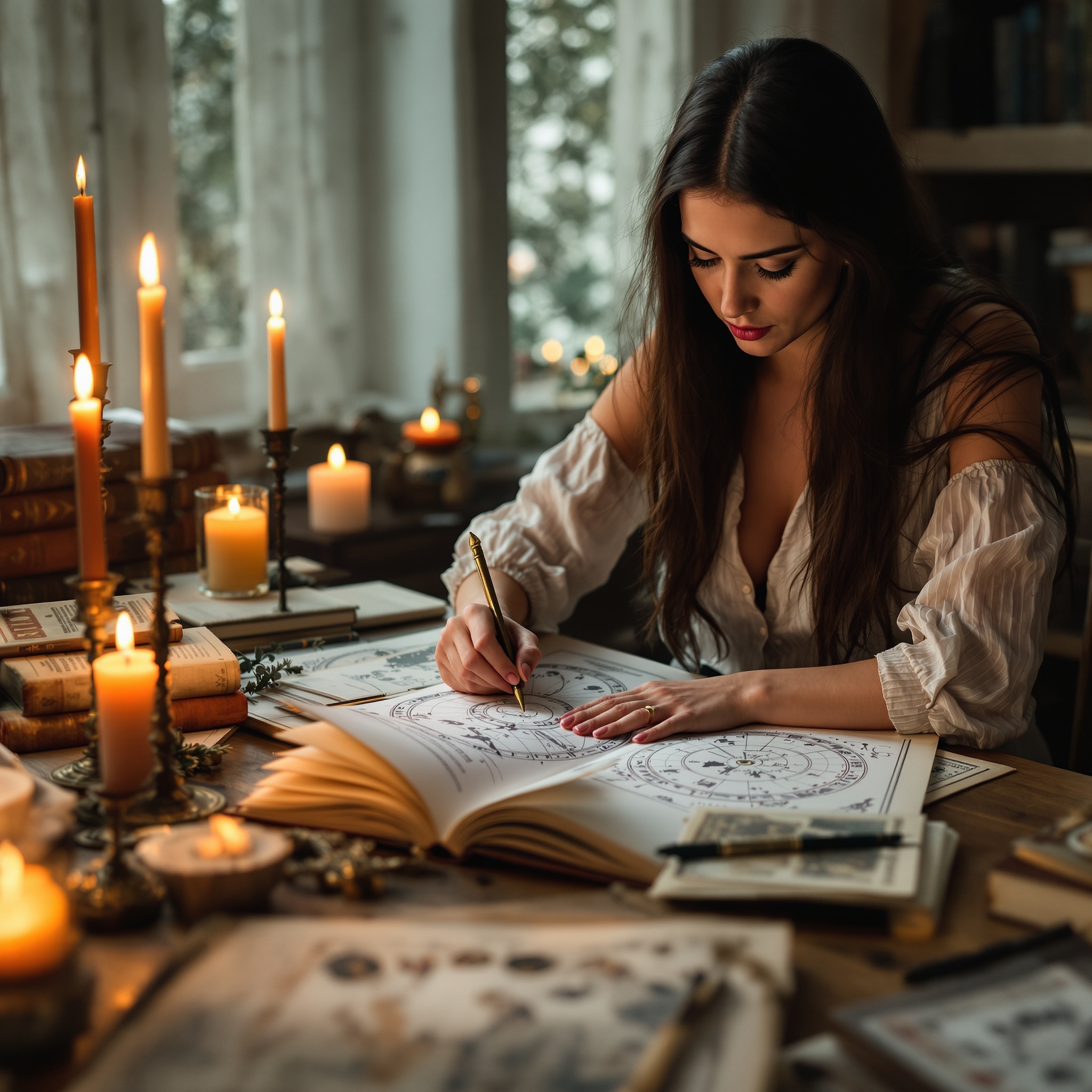 Young woman studying astrological charts surrounded by ancient books